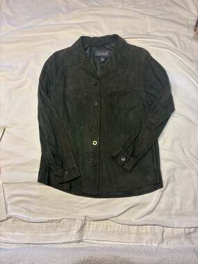 Harold's Vintage Dark Olive Green 100% Goat Suede Leather Button Down Jacket Coa